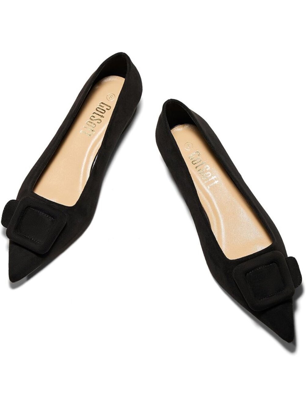 Women's Black Rubber Pointed Toe Square Buckle Flats Slip On Comfortable Shoes